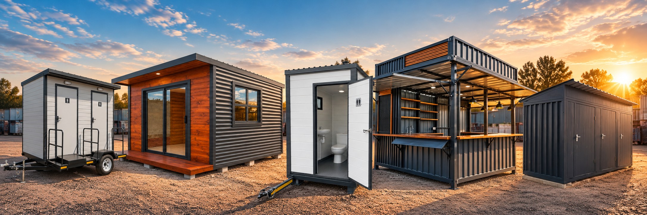 Steel storage unit, mobile toilets, Wendy house and custom container bar built by ASAP Storage Solutions